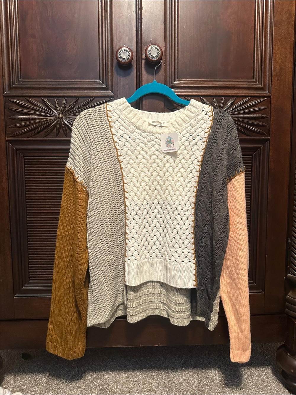 Mixed-Knit Colorblock Crewneck Sweater — Cream, Gray, Mustard & Peach